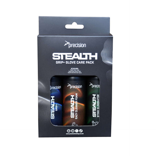 Precision Stealth Grip+ goalkeeper glove care pack with three 100ml bottles, featuring cleaning and conditioning solutions for sports gloves.