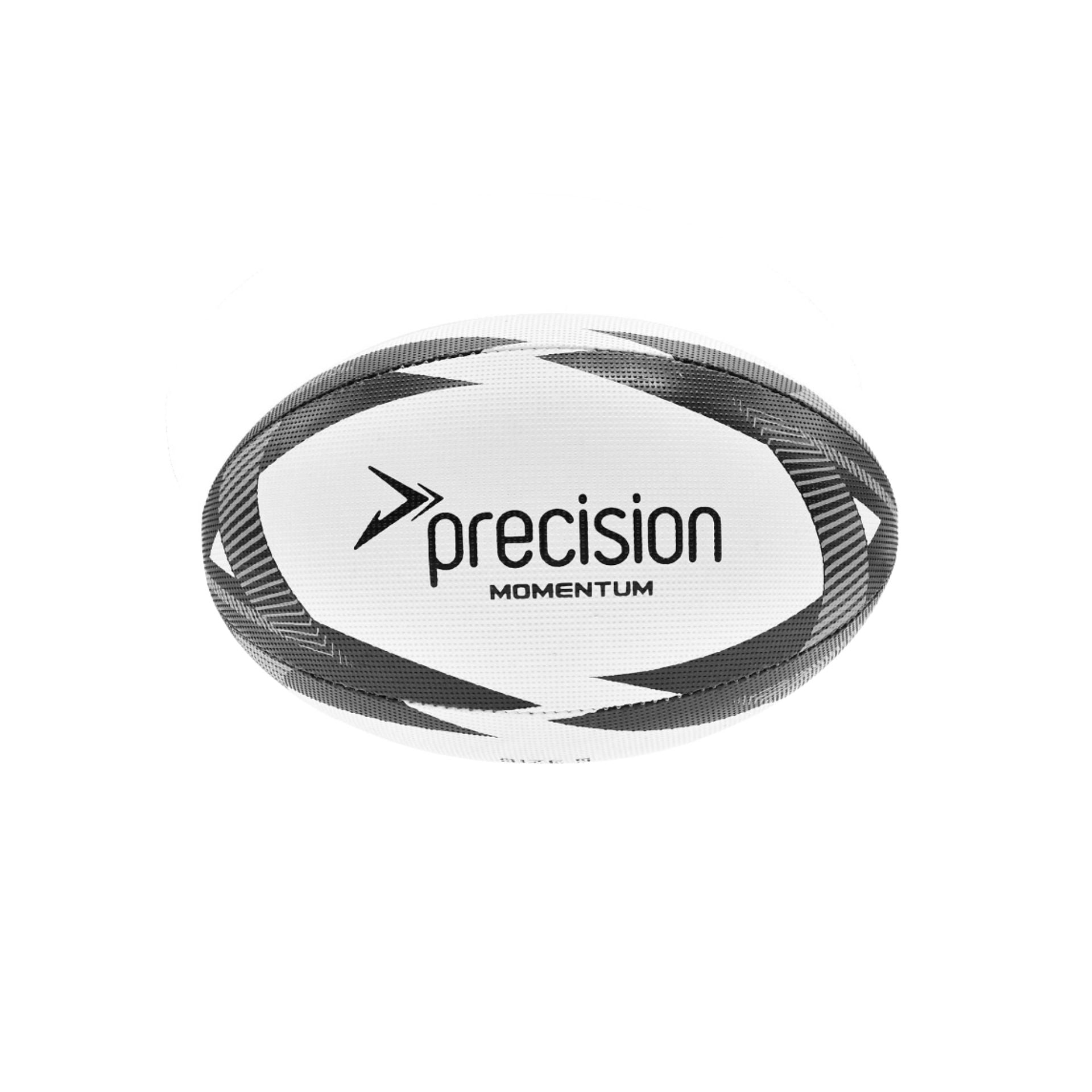 Precision Momentum Rugby Training Ball for sporting goods, featuring a textured surface and brand logo, ideal for practice and training.