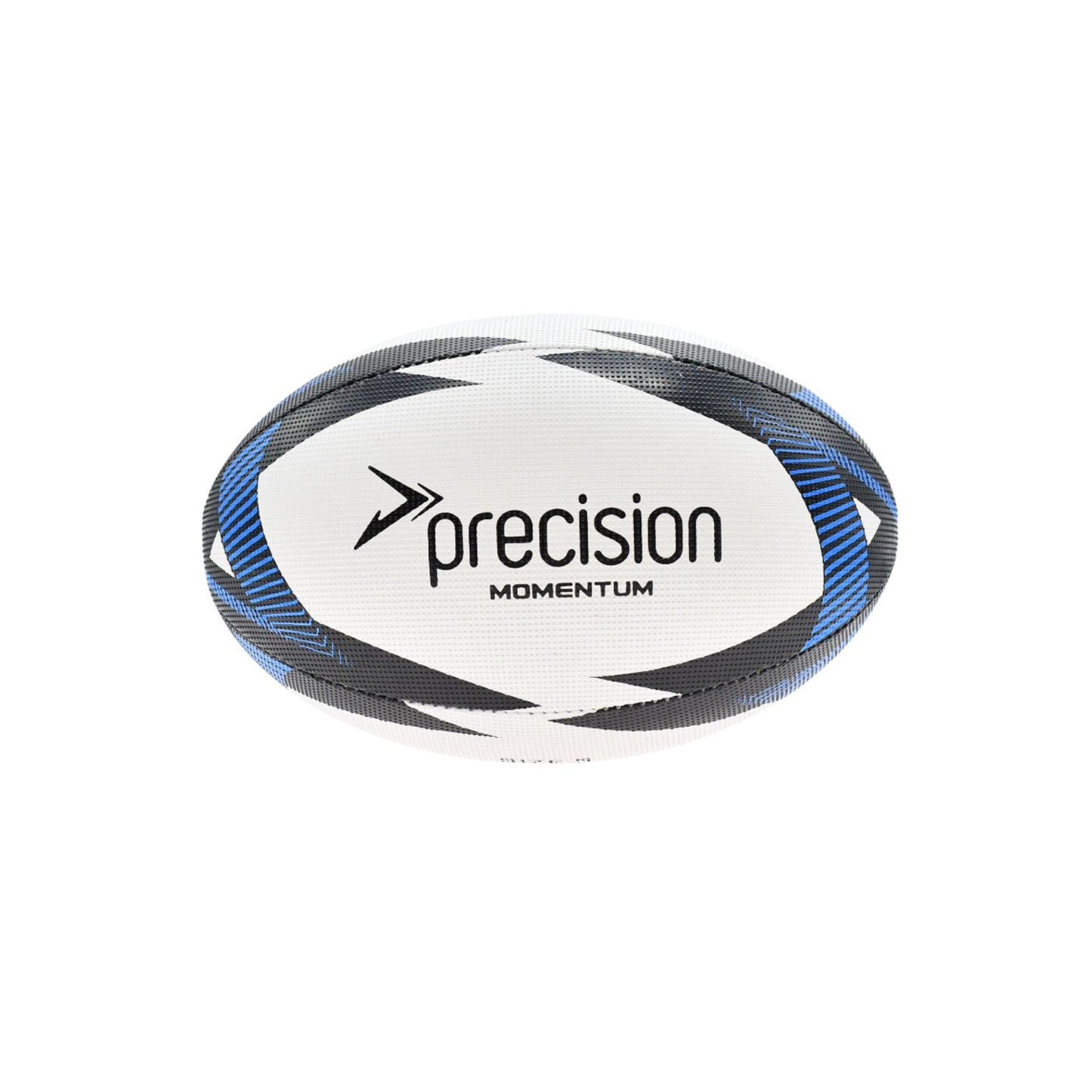 Precision Momentum rugby training ball with textured surface and bold branding, designed for practice and game play.