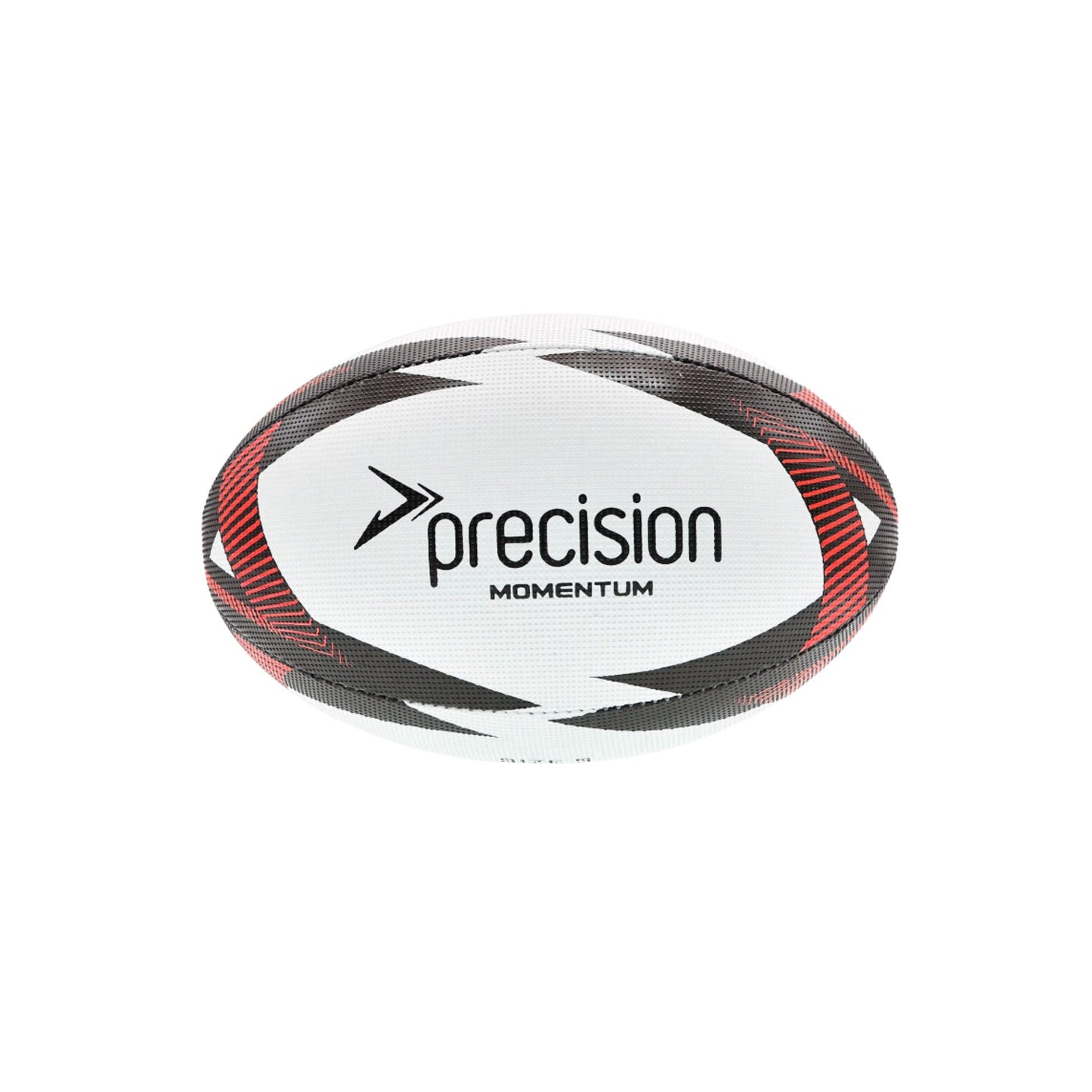Precision Momentum rugby training ball with textured surface, white and green design, ideal for practice and game use.