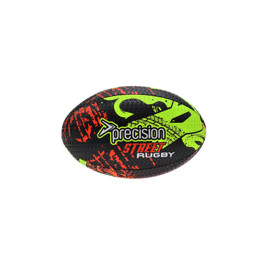 Precision Street Mania rugby ball with bold graphics, designed for outdoor sports and street rugby games.