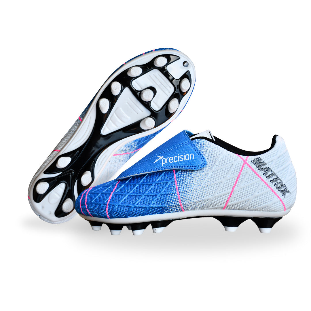 Precision Matrix Junior Football Boots FG, black and blue synthetic cleats with studded soles for youth soccer on firm ground.