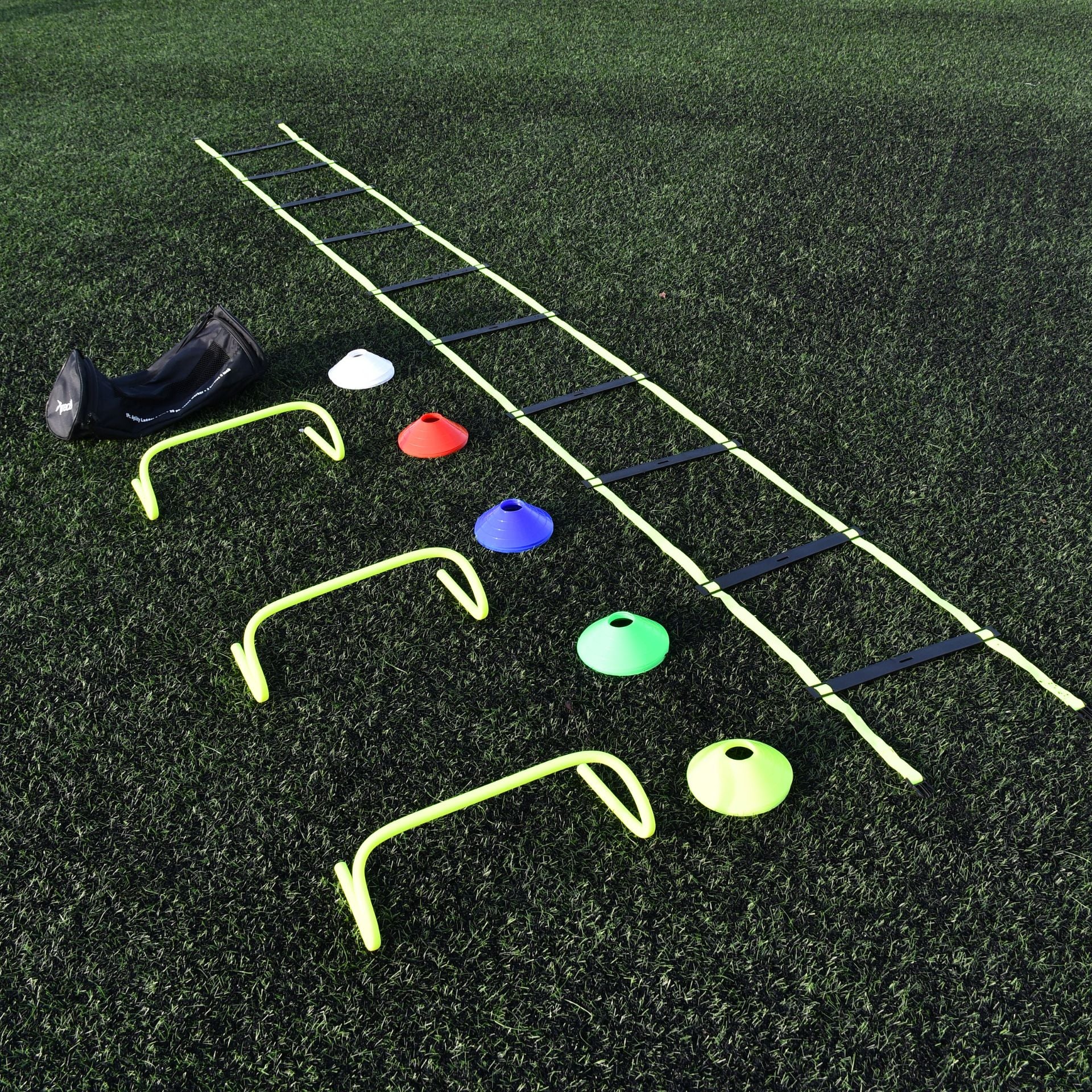Precision Coach Training Set with agility ladder, hurdles, and markers for sports training and agility drills.