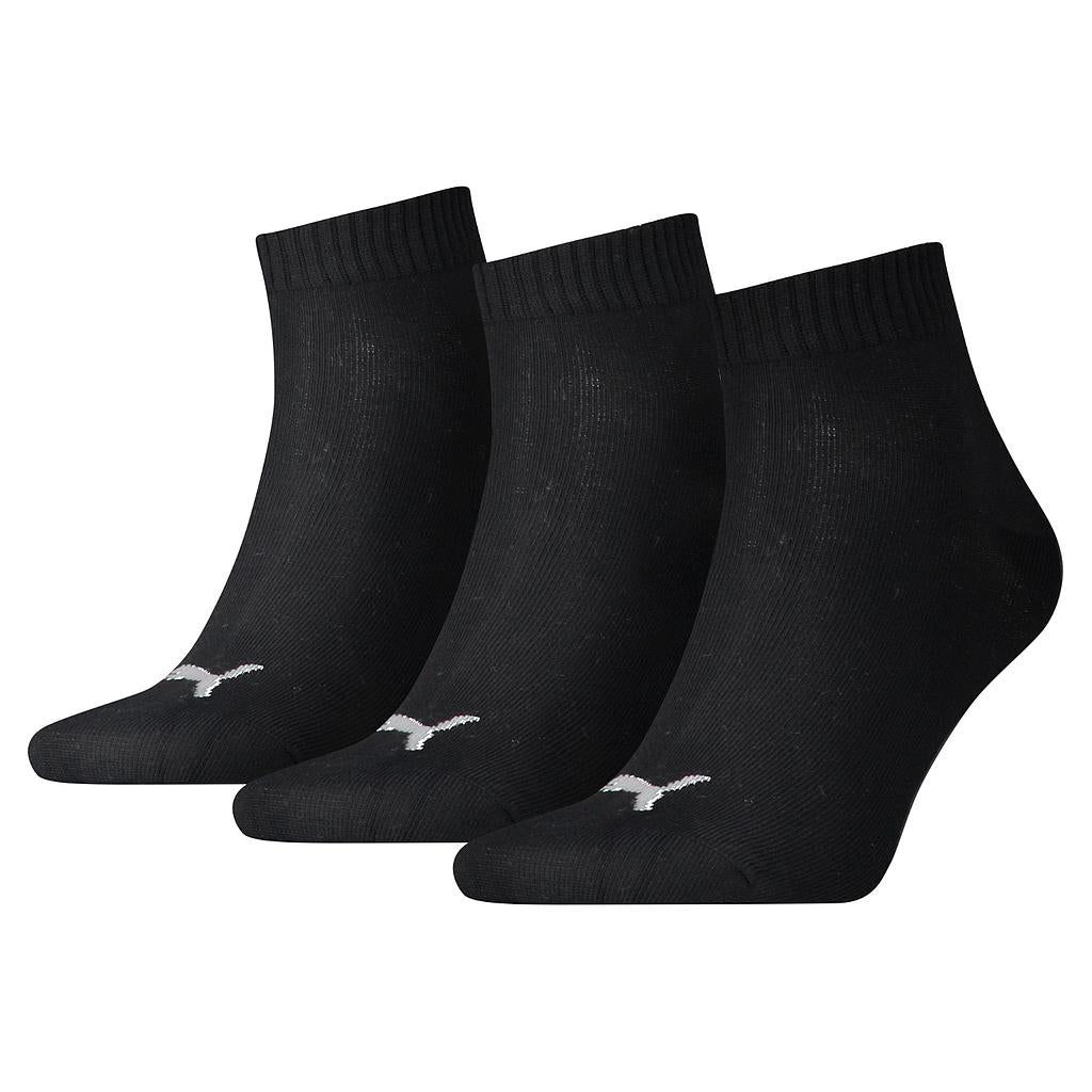 Set of three Puma quarter training socks in black and white, designed for sport and athletic comfort.
