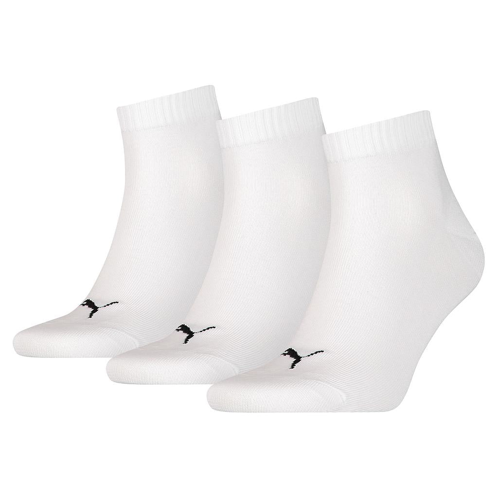 Set of three Puma quarter training socks featuring breathable fabric and reinforced heels for athletic comfort.