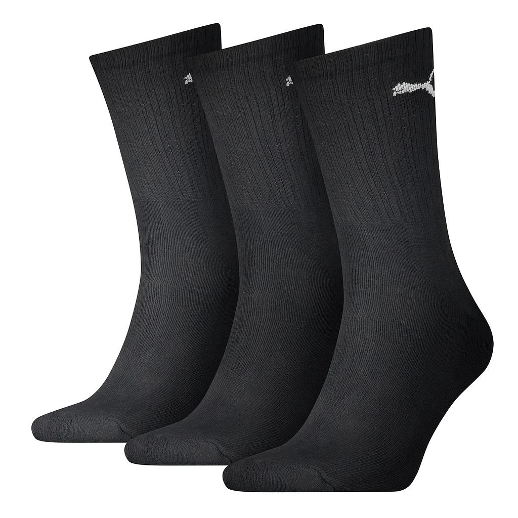 Set of three Puma sports crew socks showing cushioned ankle and ribbed cuffs, ideal for athletic activities and casual wear.