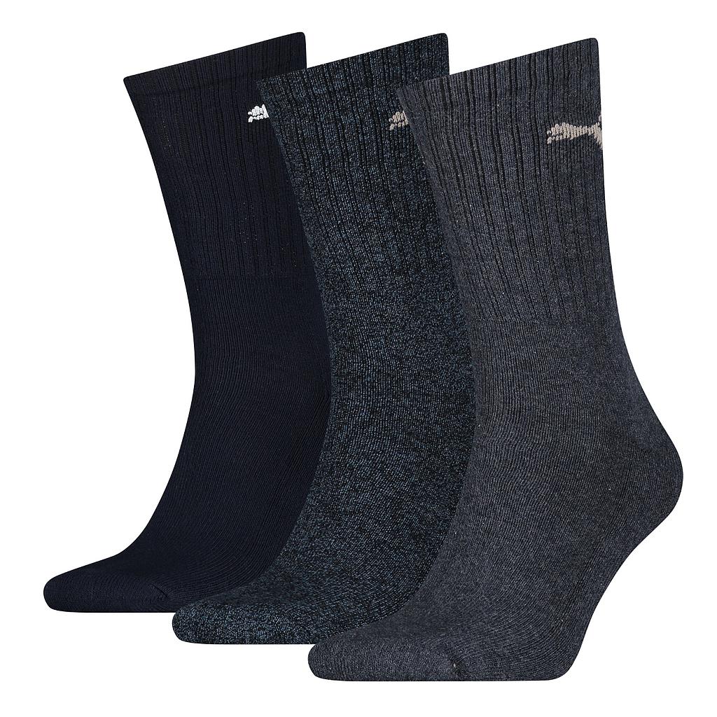 Three pairs of Puma sports crew socks in black and white, featuring cushioned soles and ribbed cuffs for athletic comfort