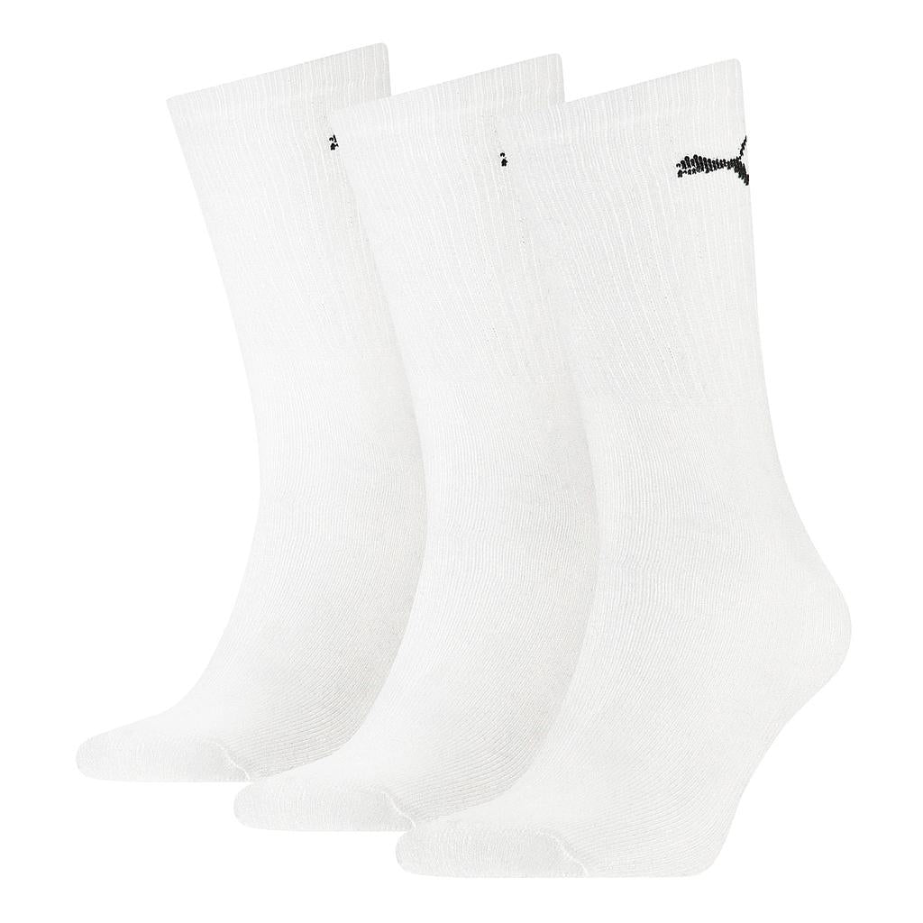 Set of three Puma sports crew socks with athletic design, ideal for running and active sports, in black, white, and gray.