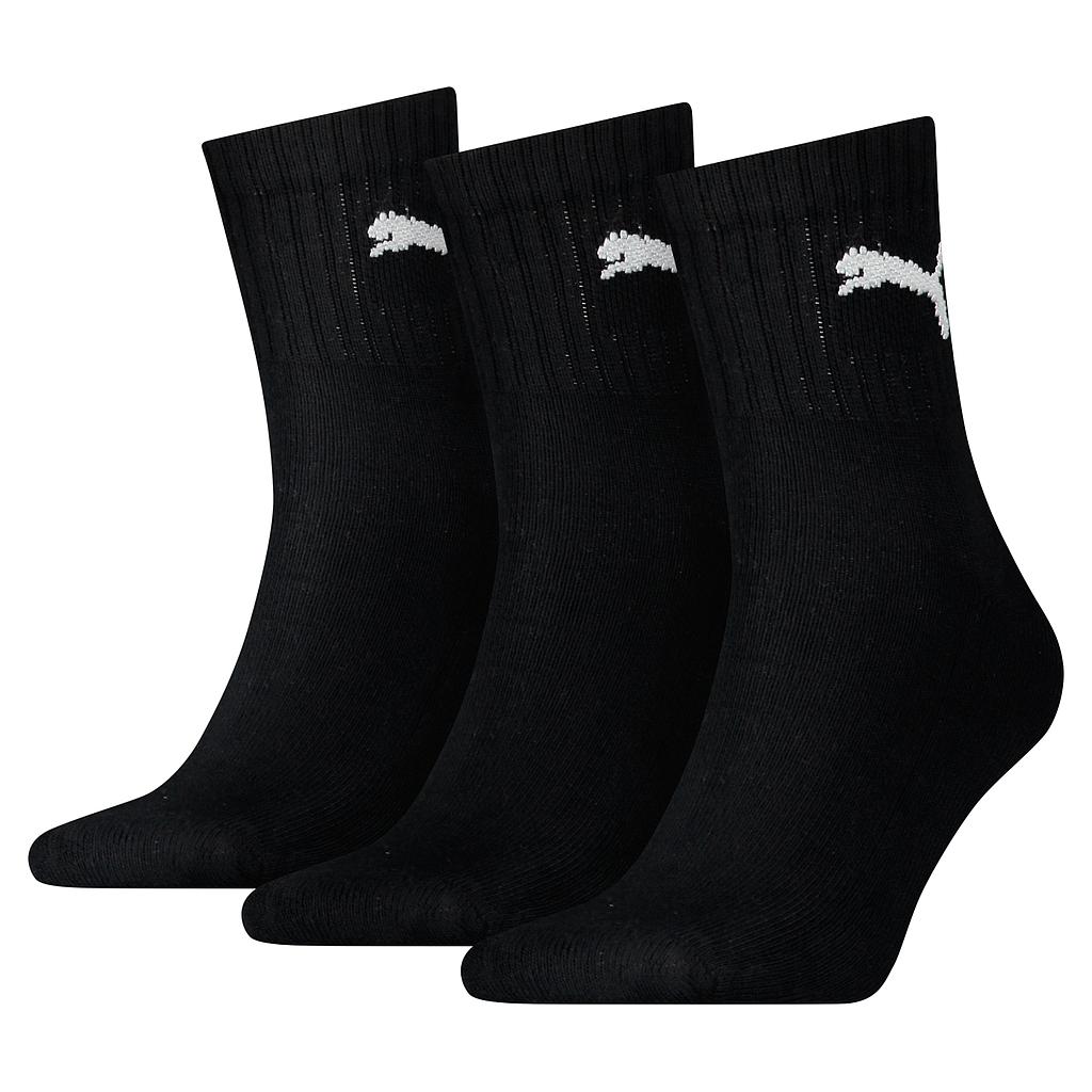 Puma short crew socks in a set of three, sporting goods, soft fabric, black and white design, ideal for athletic activities.