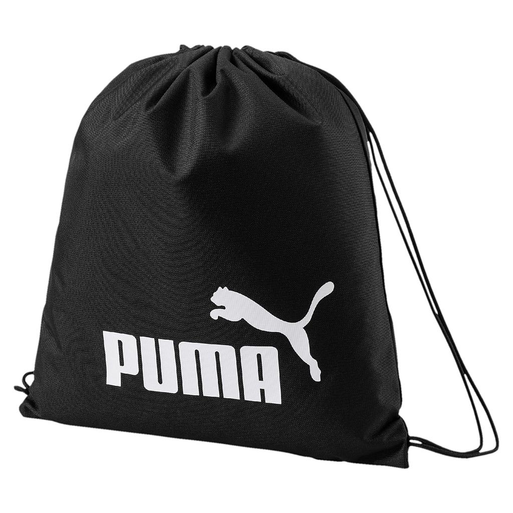 Puma Phase gym sack in black with adjustable drawstring, sporting Puma logo, ideal for gym or sports essentials.