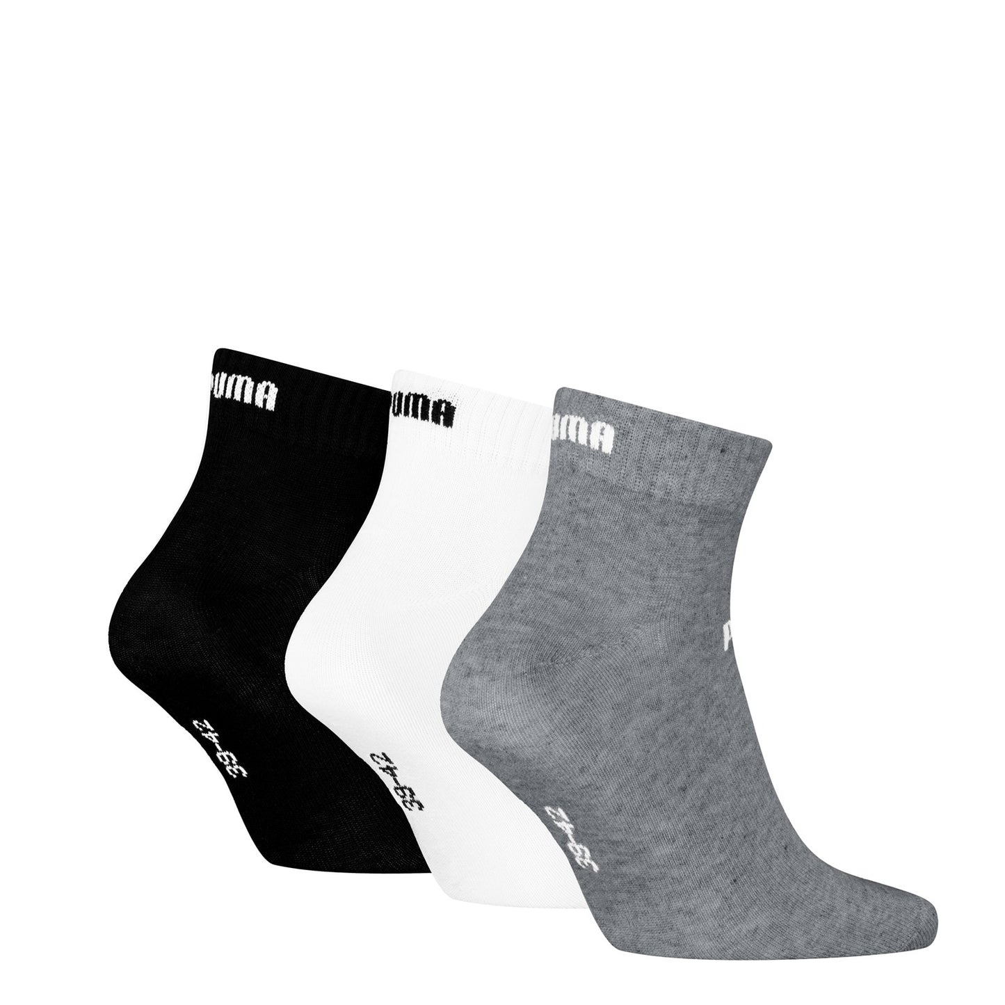 Pair of Puma quarter-length socks in assorted colors, showing the Puma logo and comfortable fit for casual wear.