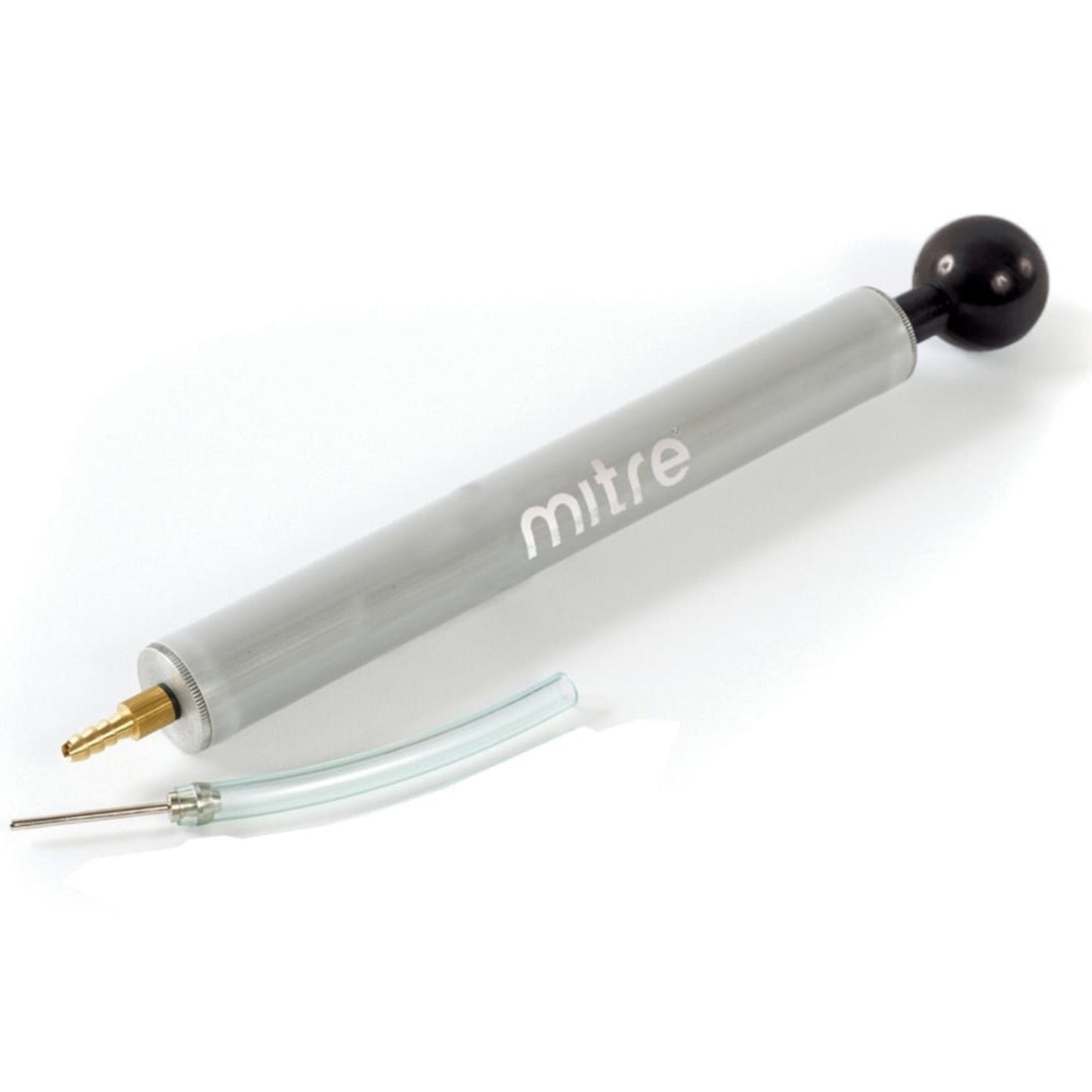 Mitre football inflator pump with a handheld design, featuring a nozzle and pressure gauge for easy inflation of sports balls.