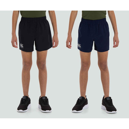 Canterbury Woven Shorts Junior, navy blue sporting shorts with woven fabric, elastic waistband, and Canterbury logo on the front.