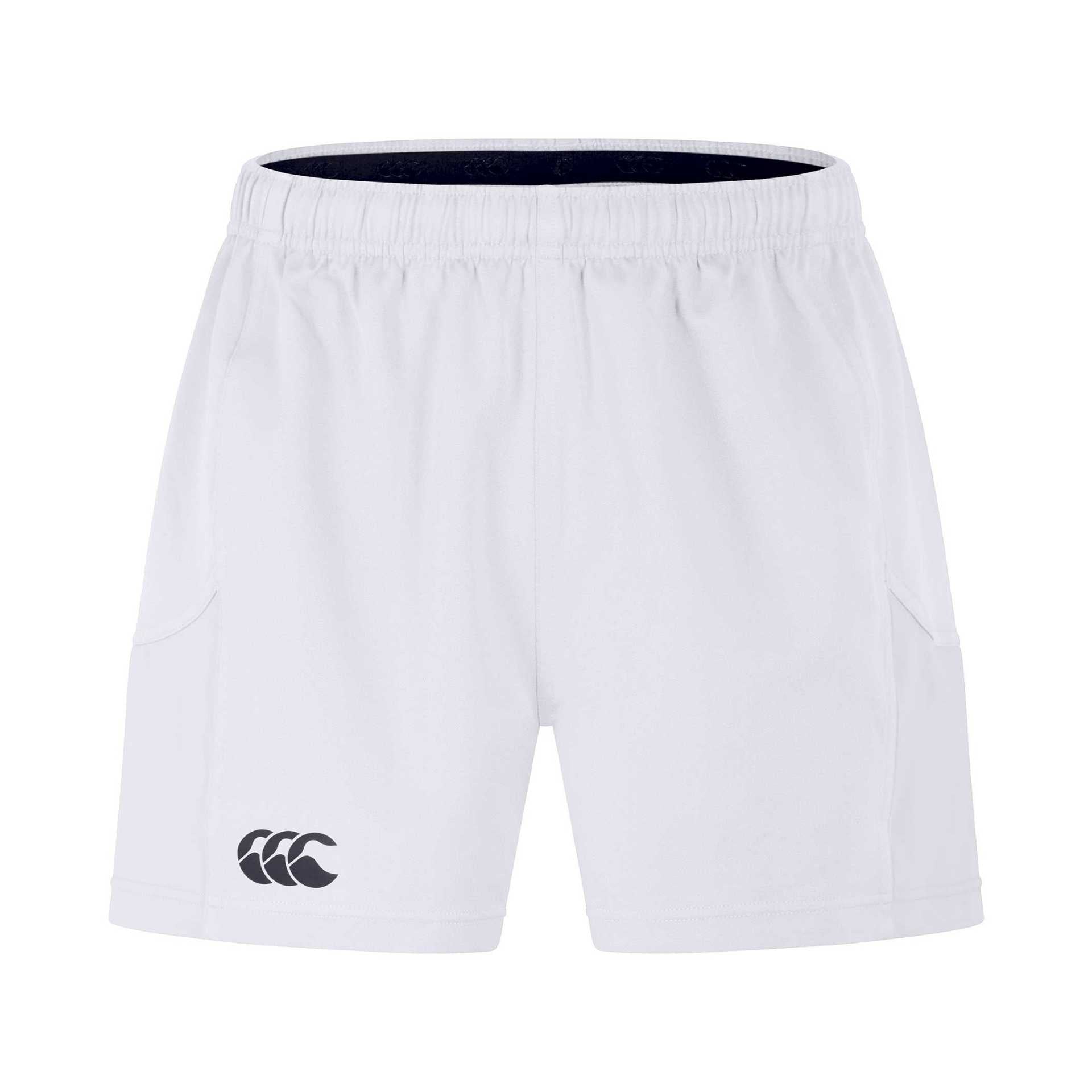 Canterbury professional polyester rugby shorts in navy with white accents, designed for durability and comfort during play.