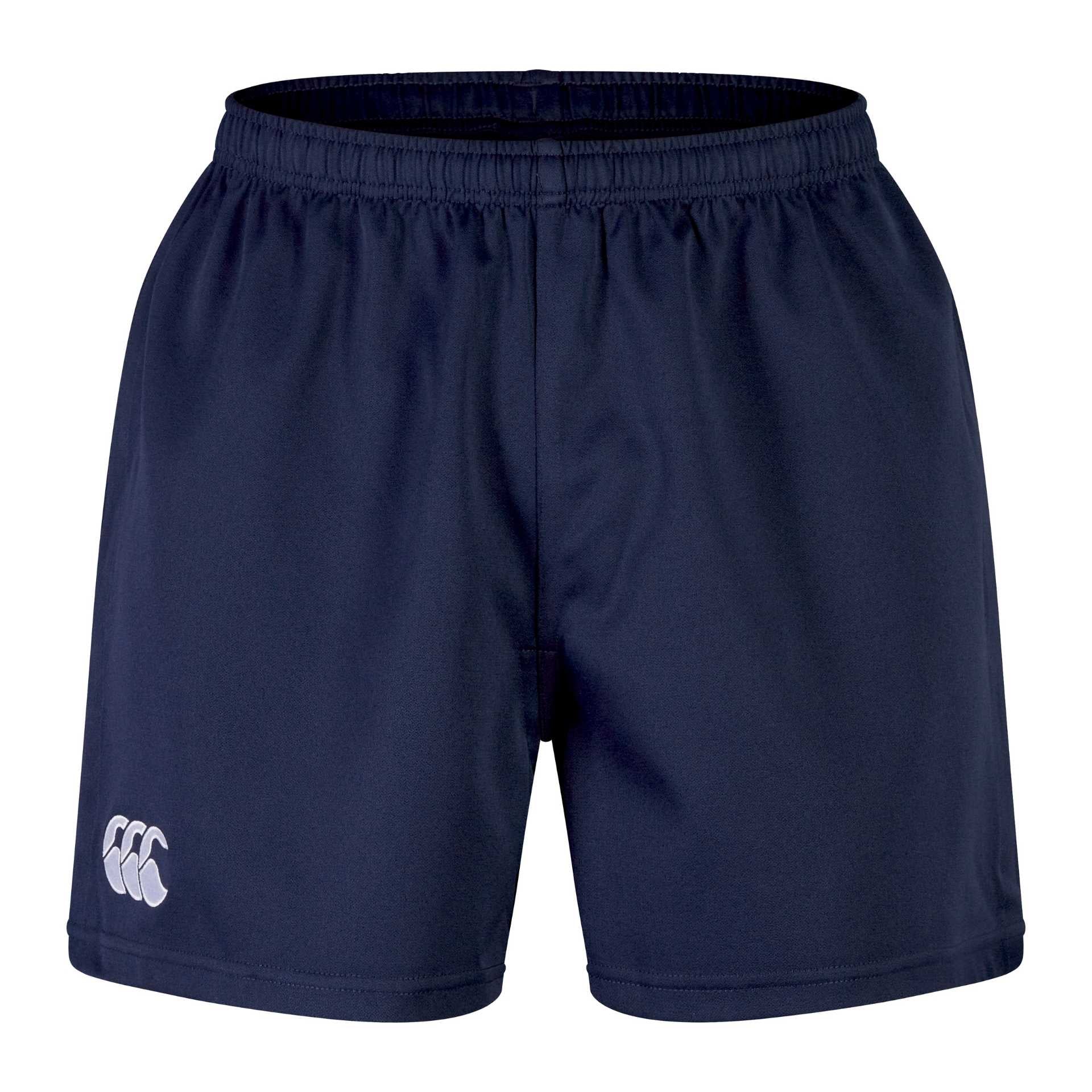 Canterbury professional polyester rugby shorts in XL size, navy blue with white accents, designed for athletic performance and durability.