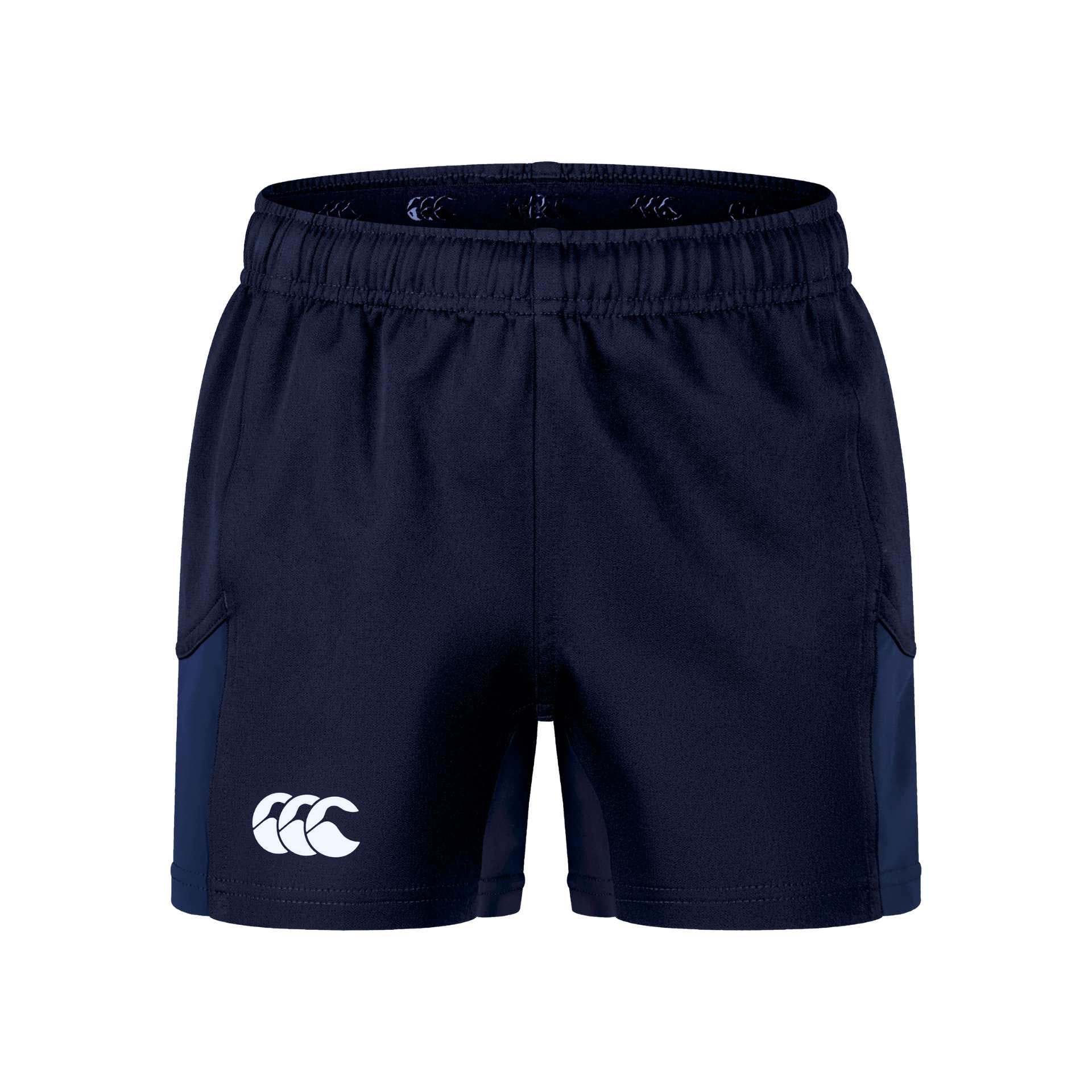 Canterbury Teen Advantage Short in sporting goods, navy blue with white logo, lightweight athletic fit, suitable for training or casual wear.