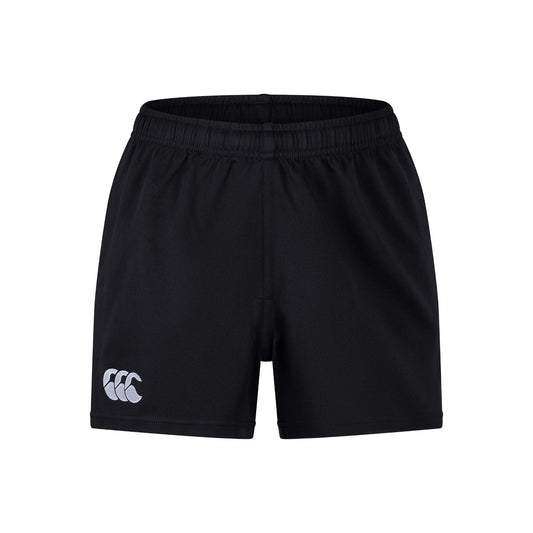 Canterbury professional polyester short for sporting goods, black athletic shorts with Canterbury branding and adjustable waistband.