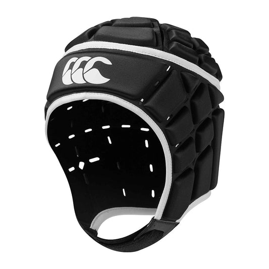 Junior Canterbury Core Headguard for sporting goods, showing a protective rugby headgear with adjustable straps and Canterbury branding.