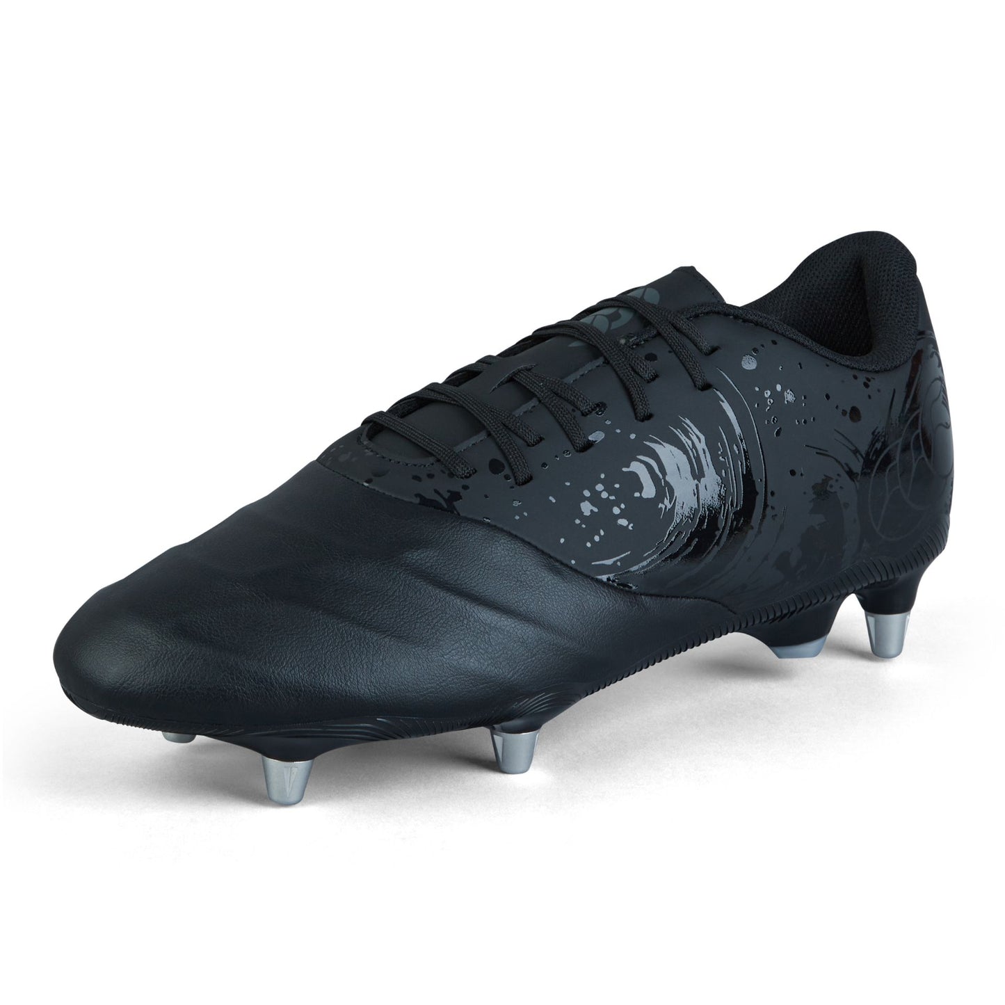 Black Canterbury Phoenix Genesis Team SG Boot for rugby, showing the boot's side profile and branding details.