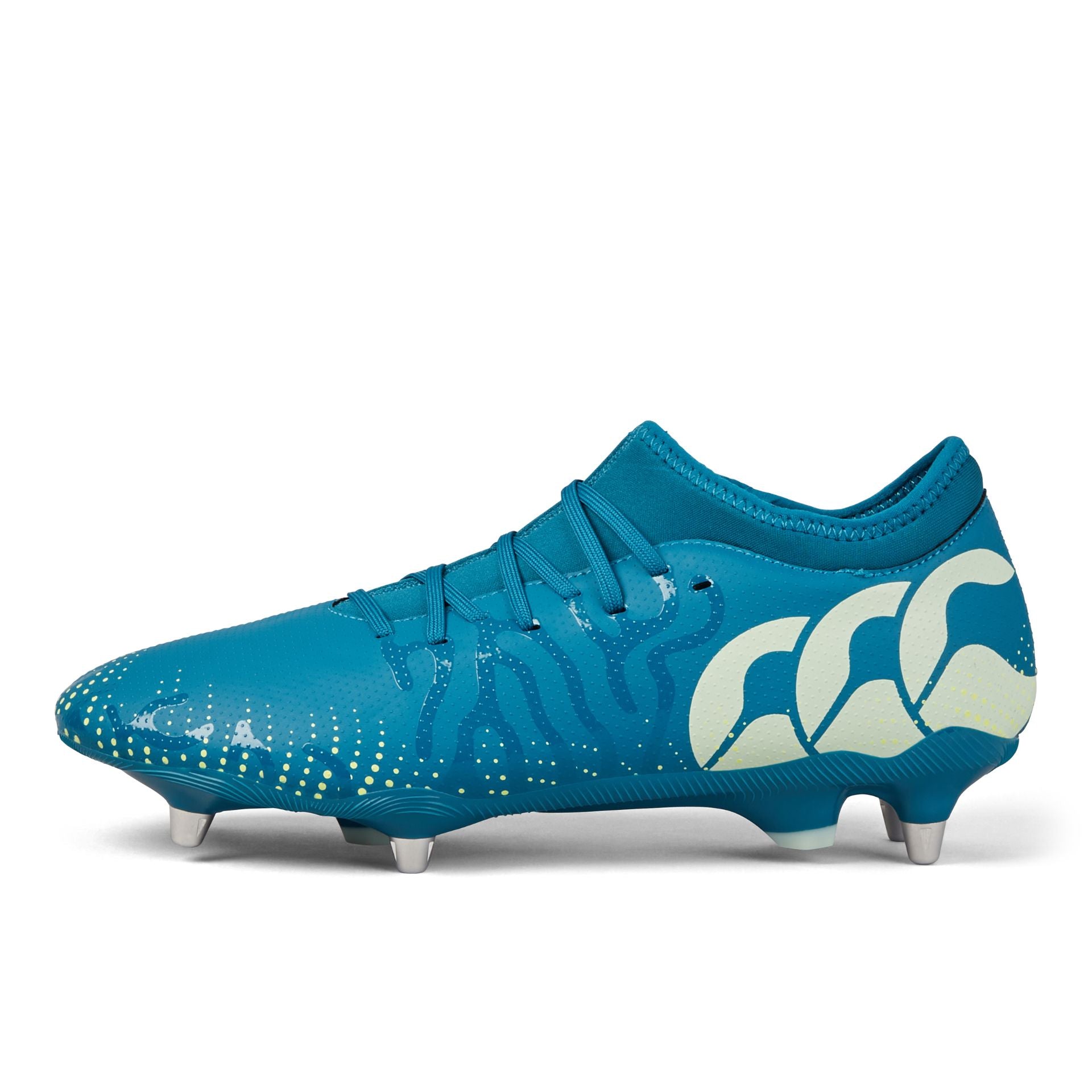 Canterbury Speed Infinite Team SG rugby boot showing black and red design with cleats on the sole, designed for rugby players.