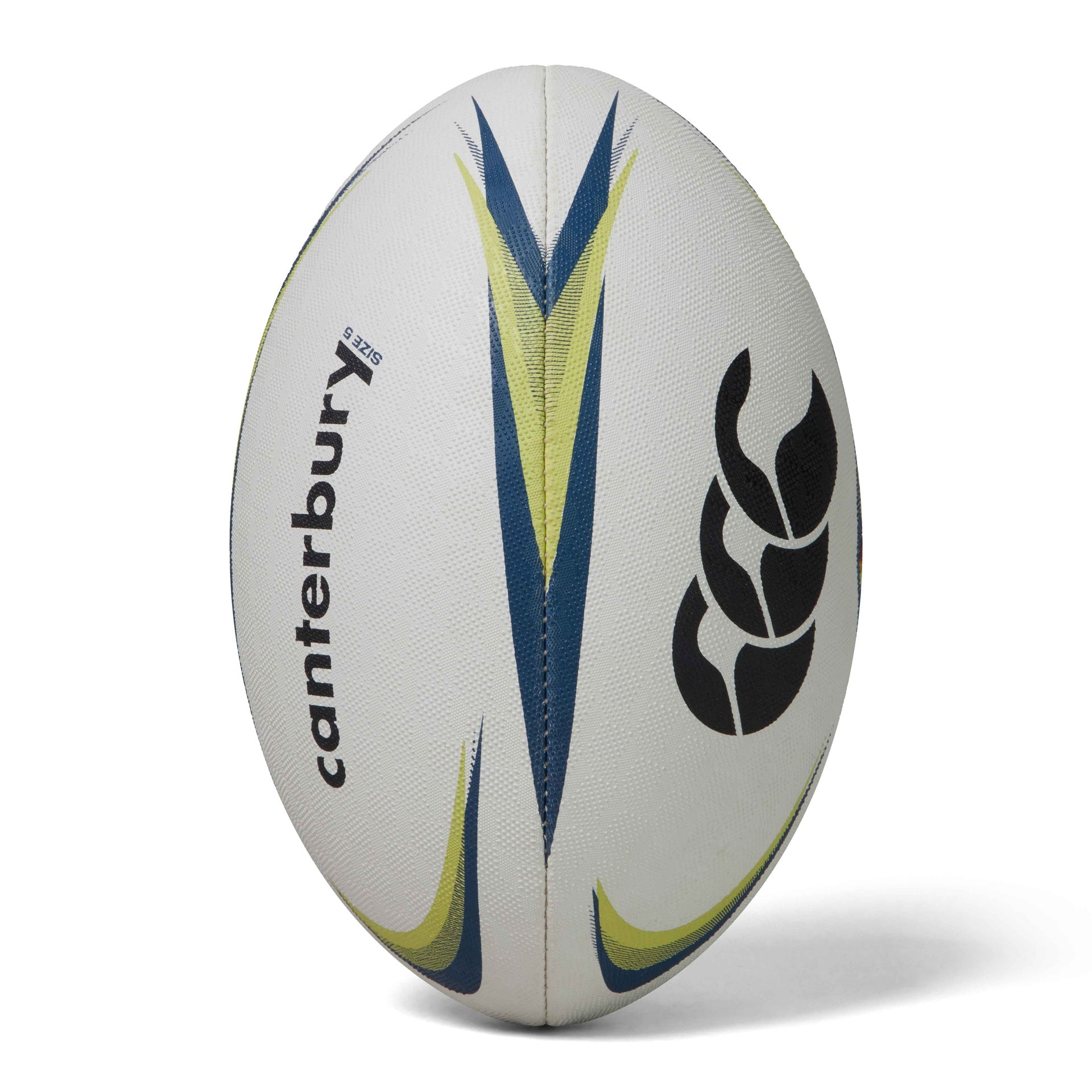 Canterbury Mentre rugby training ball with black and white panels, designed for rugby practice and sporting goods use.