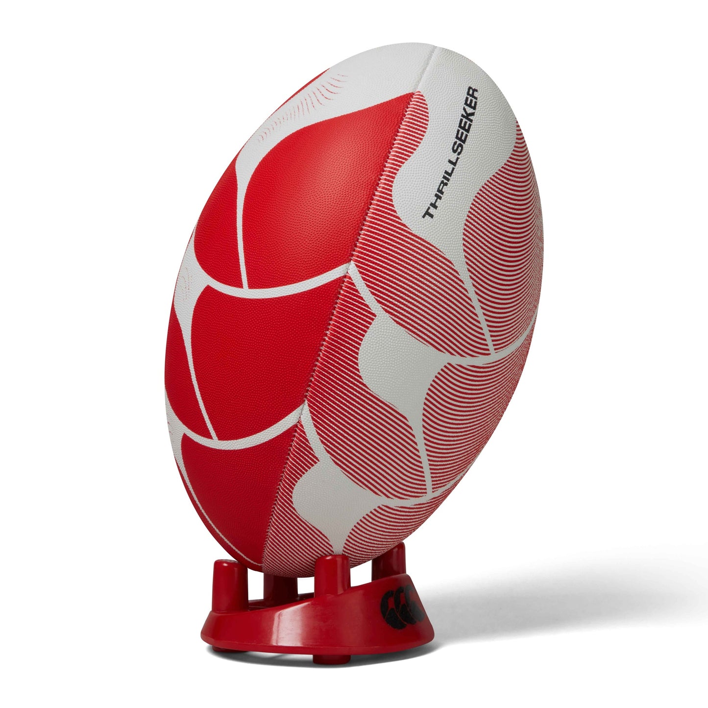 Canterbury Thrillseeker rugby ball with bold blue and white design, featuring the Canterbury logo and textured surface for grip.