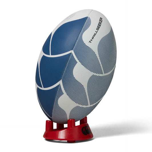 Canterbury Thrillseeker rugby ball with red and white design, textured surface, and brand logo visible for sporting goods.
