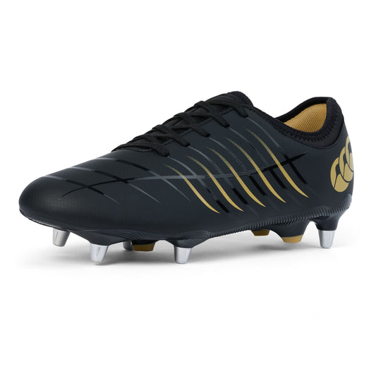Canterbury Phoenix 2.0 Team SG rugby boots in black and red, featuring studded soles for outdoor rugby play.