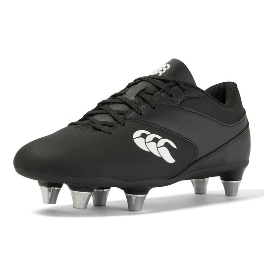Canterbury Phoenix Raze SG Junior rugby boot showing black and red synthetic upper with studded sole for youth rugby players.