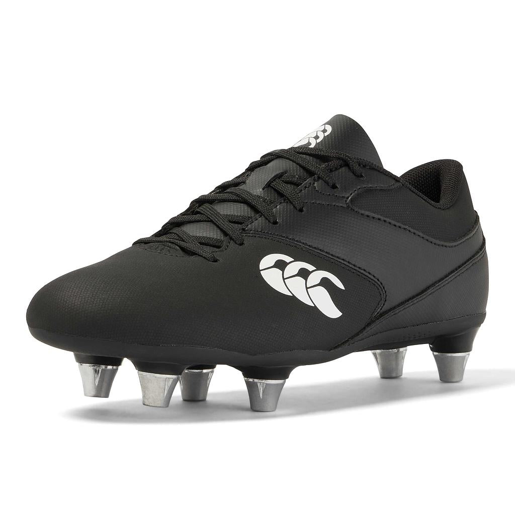 Canterbury Phoenix Raze SG Junior rugby boot with black and red design, featuring cleats and supportive upper for young players.