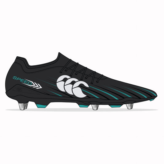 Canterbury Speed Falcon 2.0 Team SG football boots with black and yellow design, lightweight synthetic upper, and studded sole.