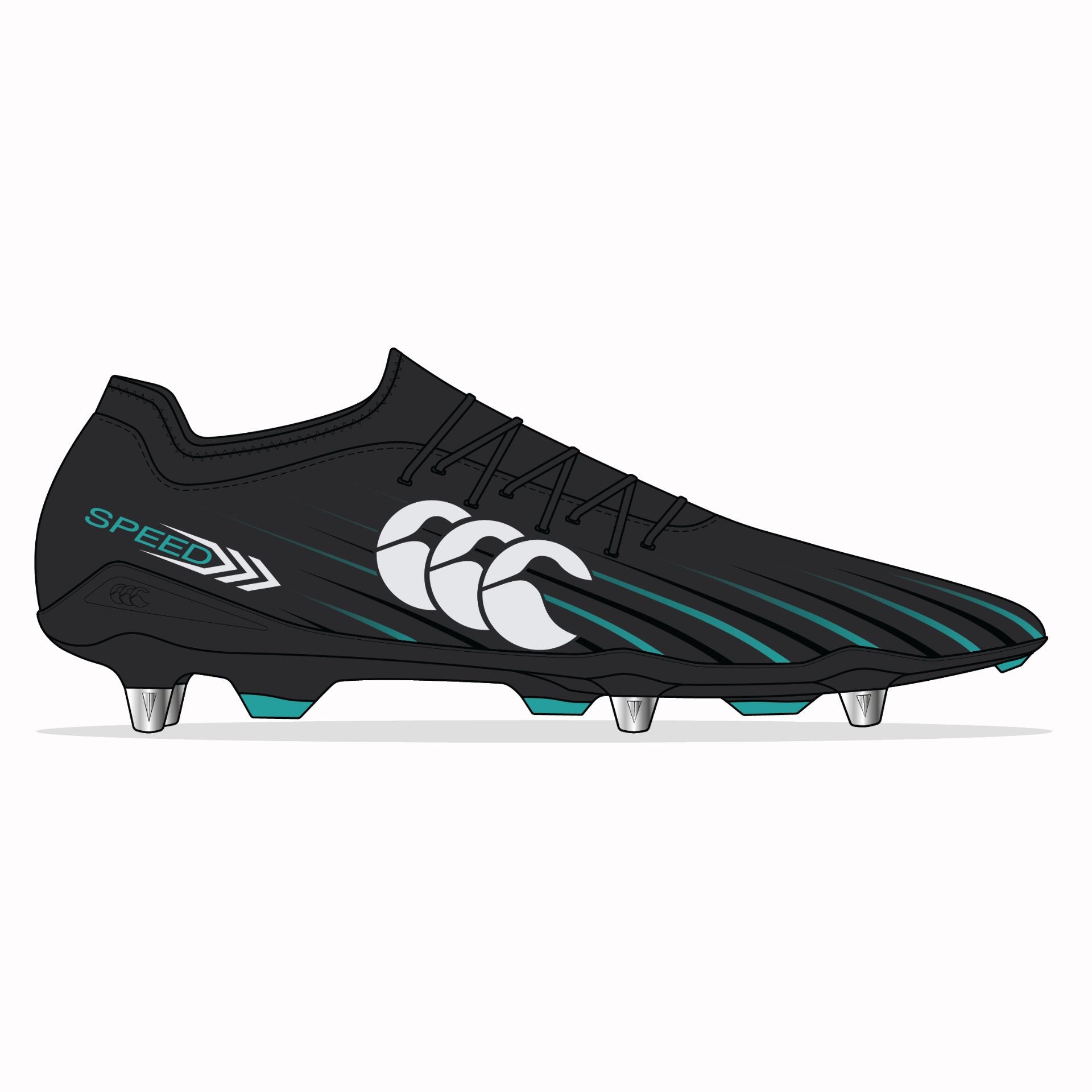 Canterbury Speed Falcon 2.0 Team SG rugby boot with black and red design, featuring cleats and lightweight athletic construction.