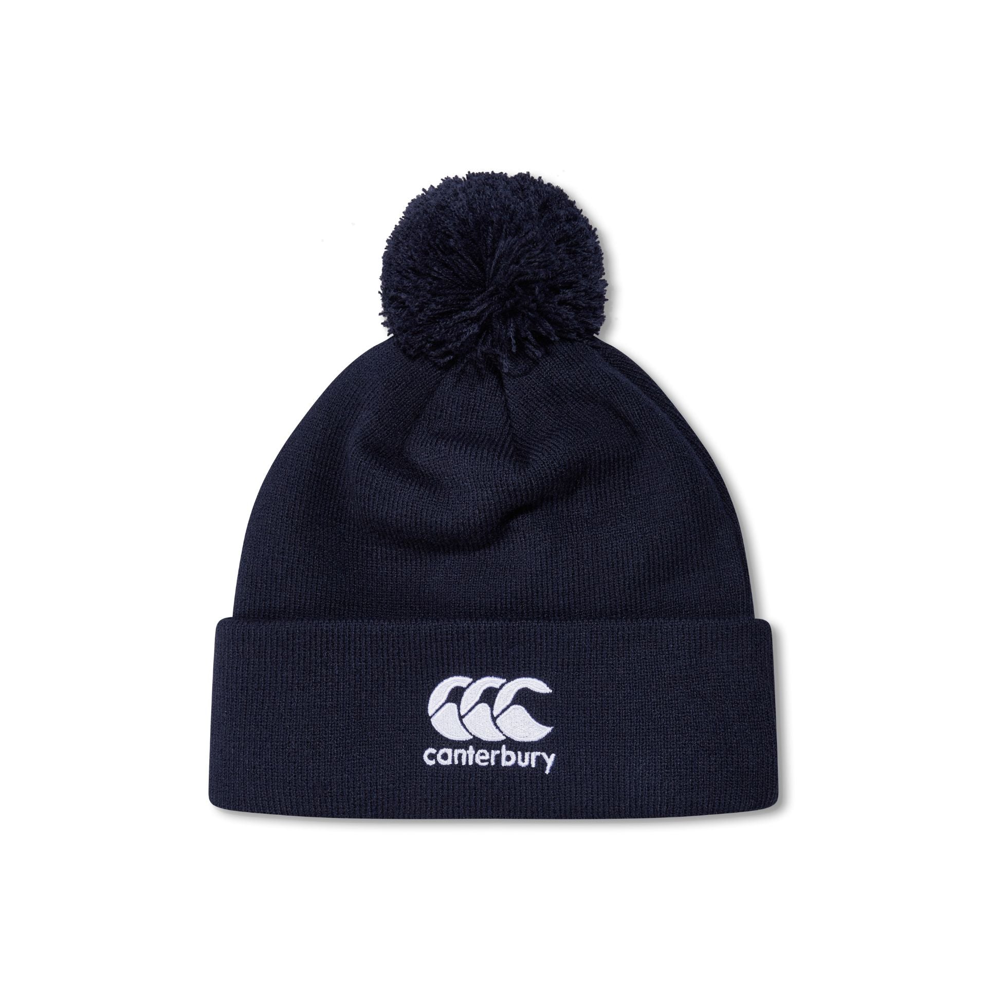 Canterbury Club Bobble Hat in navy with white pom-pom, sporting goods headwear, cozy winter knit cap with Canterbury branding.