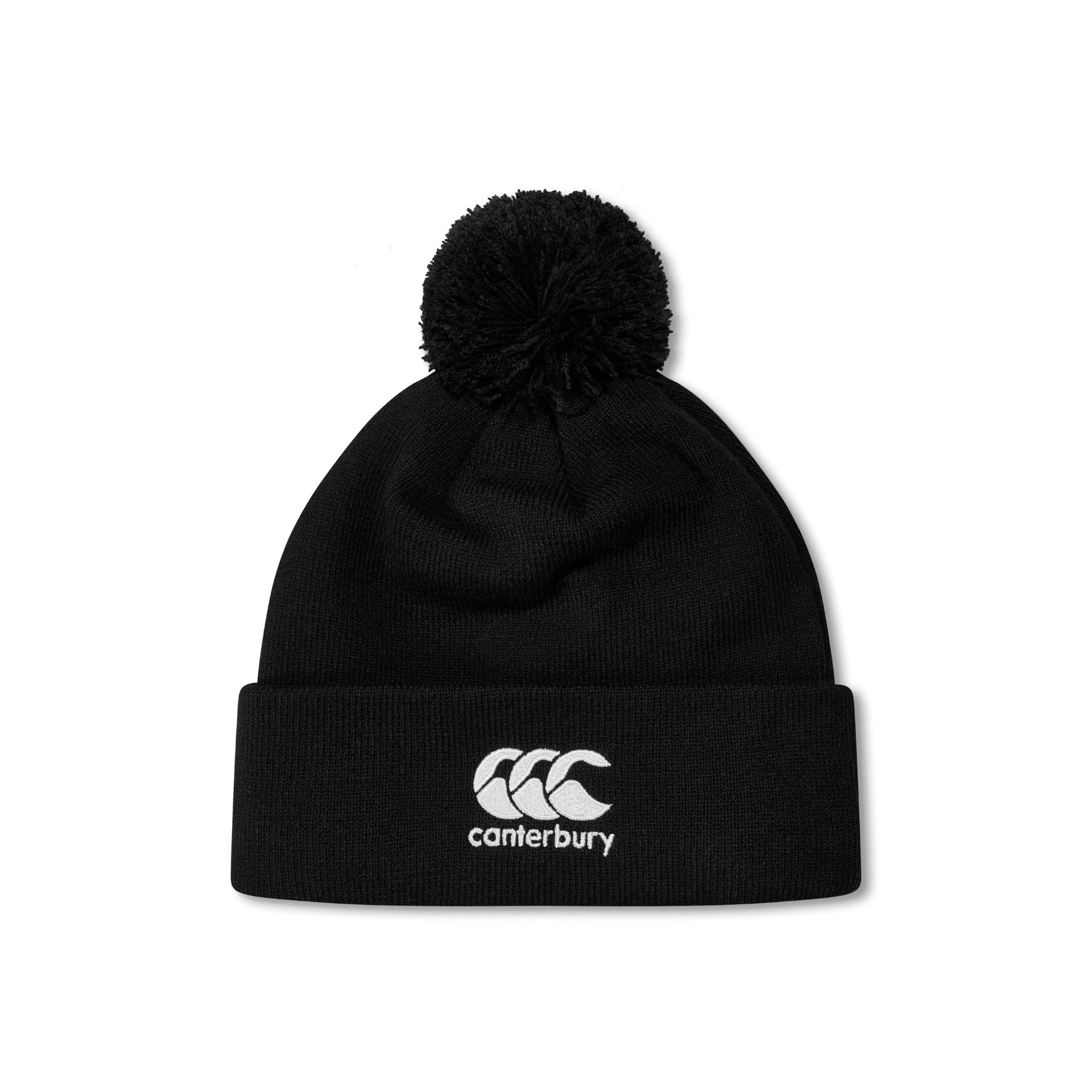 Canterbury Club Bobble Hat in navy with white pom-pom, knit winter hat featuring Canterbury branding and cozy design.