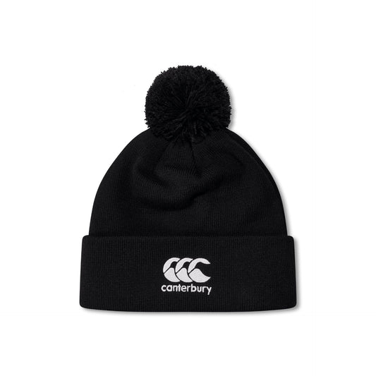 Canterbury Club Bobble Hat in navy with white pom-pom, knit winter hat featuring Canterbury branding and cozy design.
