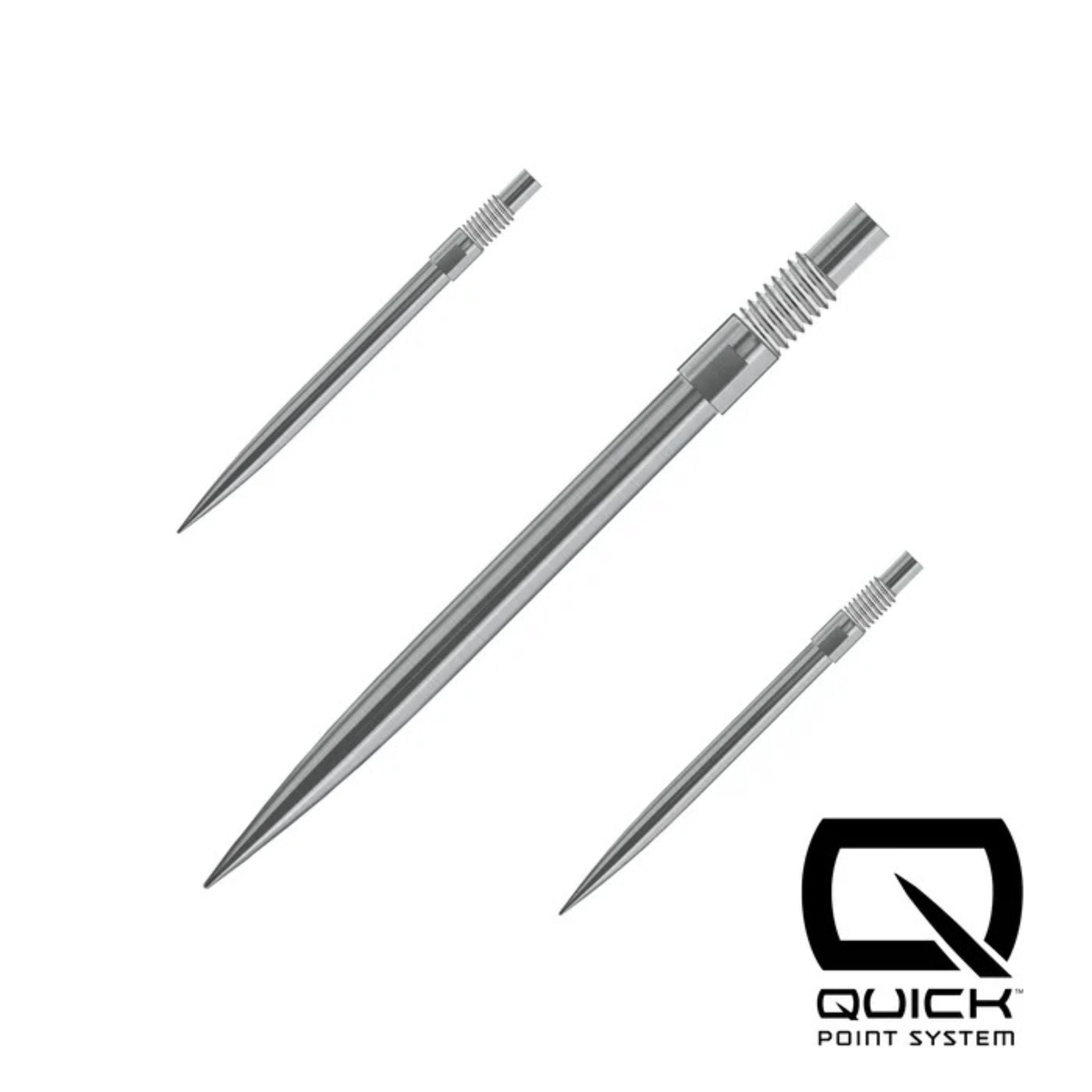 Set of three Harrows Quickpoints dart tips for sporting goods, designed for durable and secure dart flights.