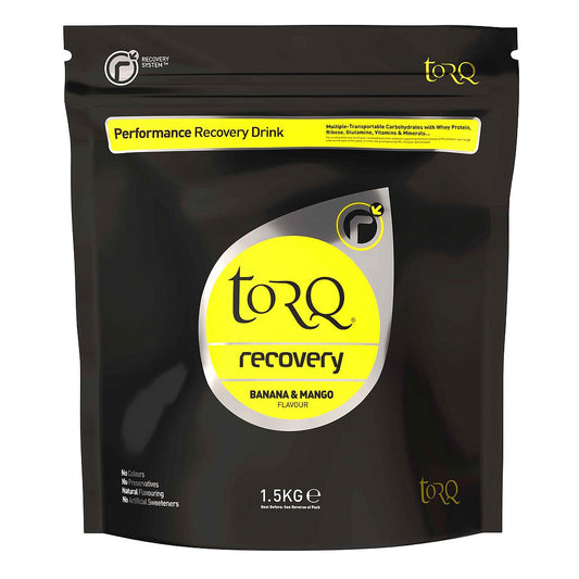 Torq Recovery Drink 1.5kg pouch, sporting goods supplement for post-workout recovery, featuring a colorful label.