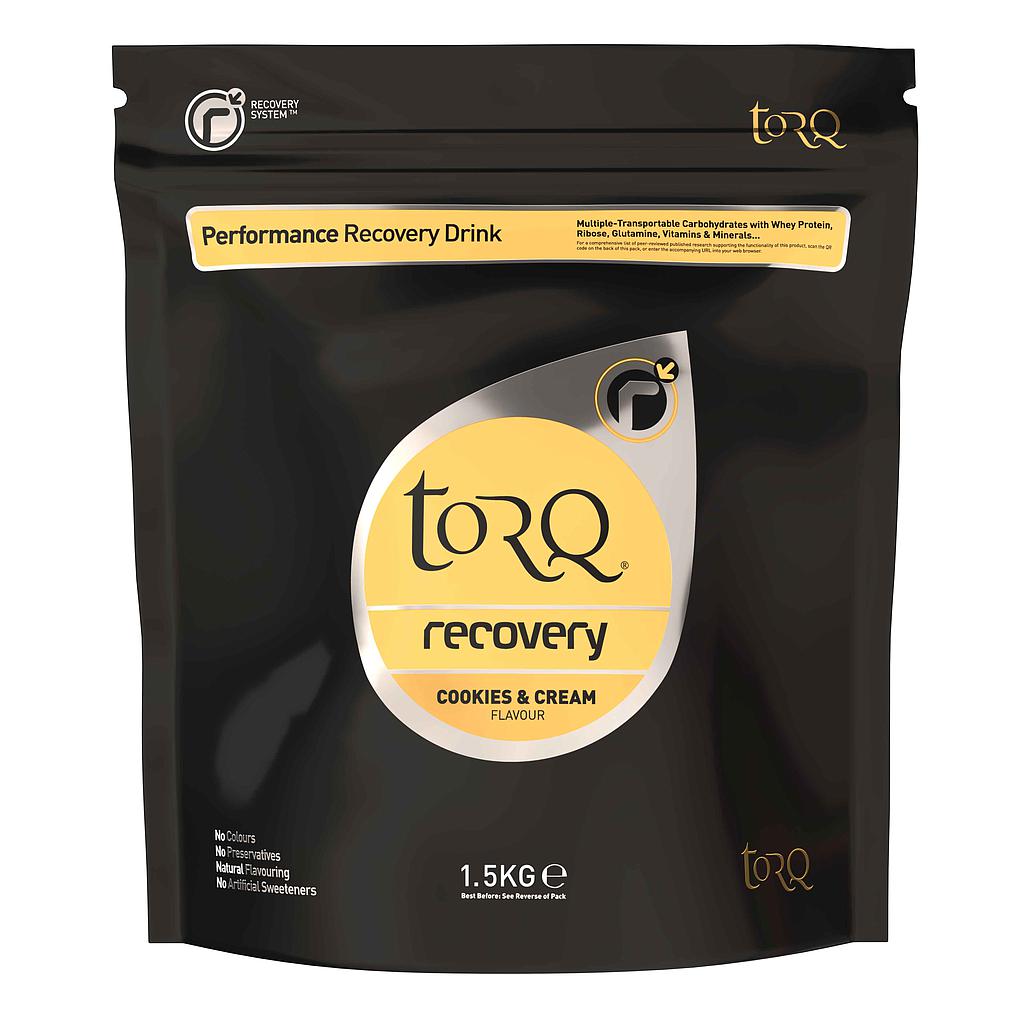 Torq Recovery Drink 1.5kg pouch, sporting goods supplement for post-exercise recovery, with orange flavor and scoop included.