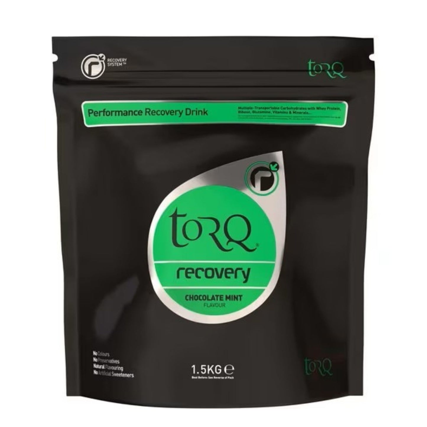 Torq Recovery Drink 1.5kg pouch for athletes, showing the bright packaging with product label and brand logo on a sporting goods background.