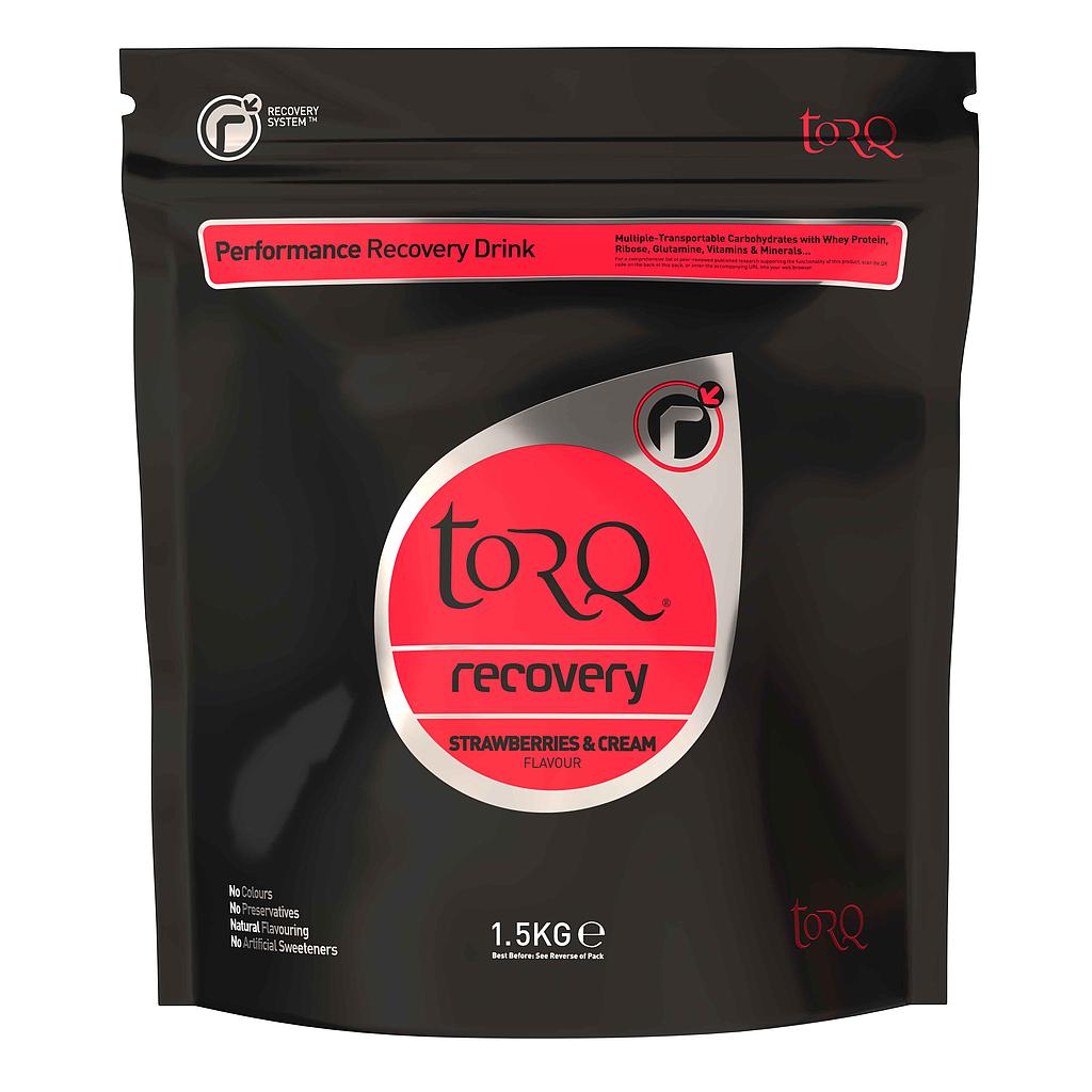 Torq Recovery Drink 1.5kg pouch for sports recovery, featuring a close-up of the product packaging with branding and label details.