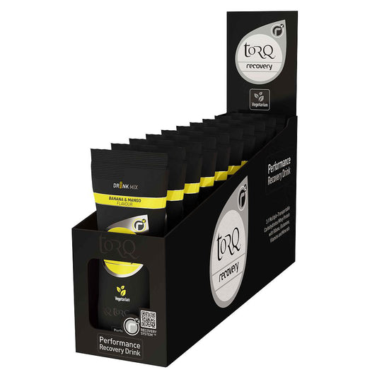 Torq Recovery Drink Sachet 50g, box of 10, sporting goods supplement with orange flavor and resealable packaging.