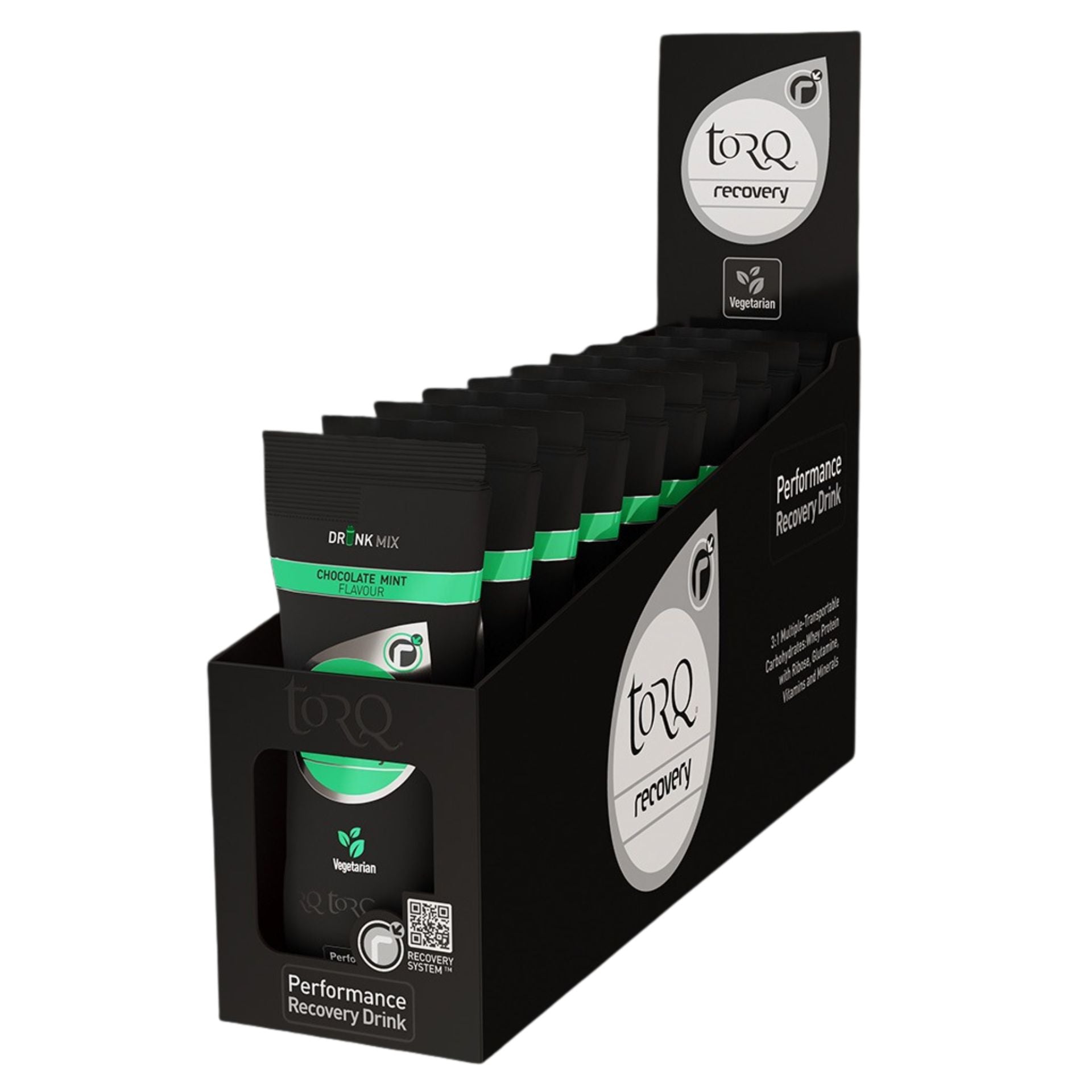 Torq Recovery Drink Sachet 50g, a box of 10, showing individual sachets for post-workout recovery in sporting goods.
