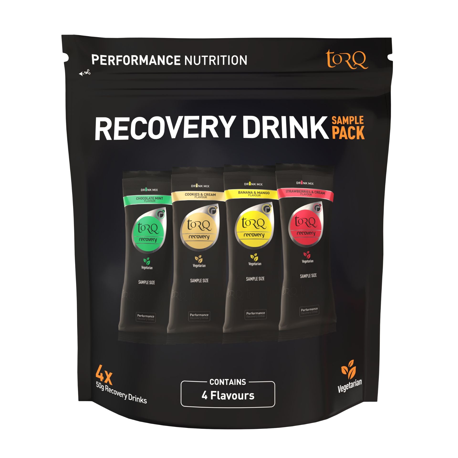 Torq Recovery Drink Sampling Pack with various flavors, ideal for post-workout replenishment and athletic recovery.