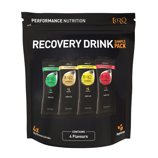 Torq Recovery Drink Sampling Pack with multiple flavor samples, designed for sports recovery and hydration.
