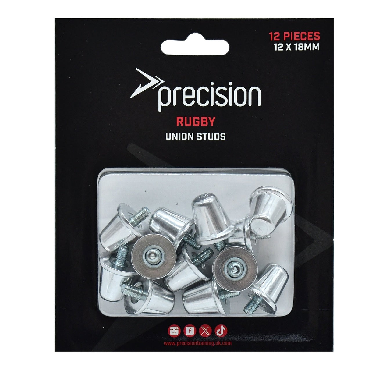 Precision Rugby Union Studs 21mm set of 12, metallic studs for rugby boots, sporting goods for secure grip and performance.