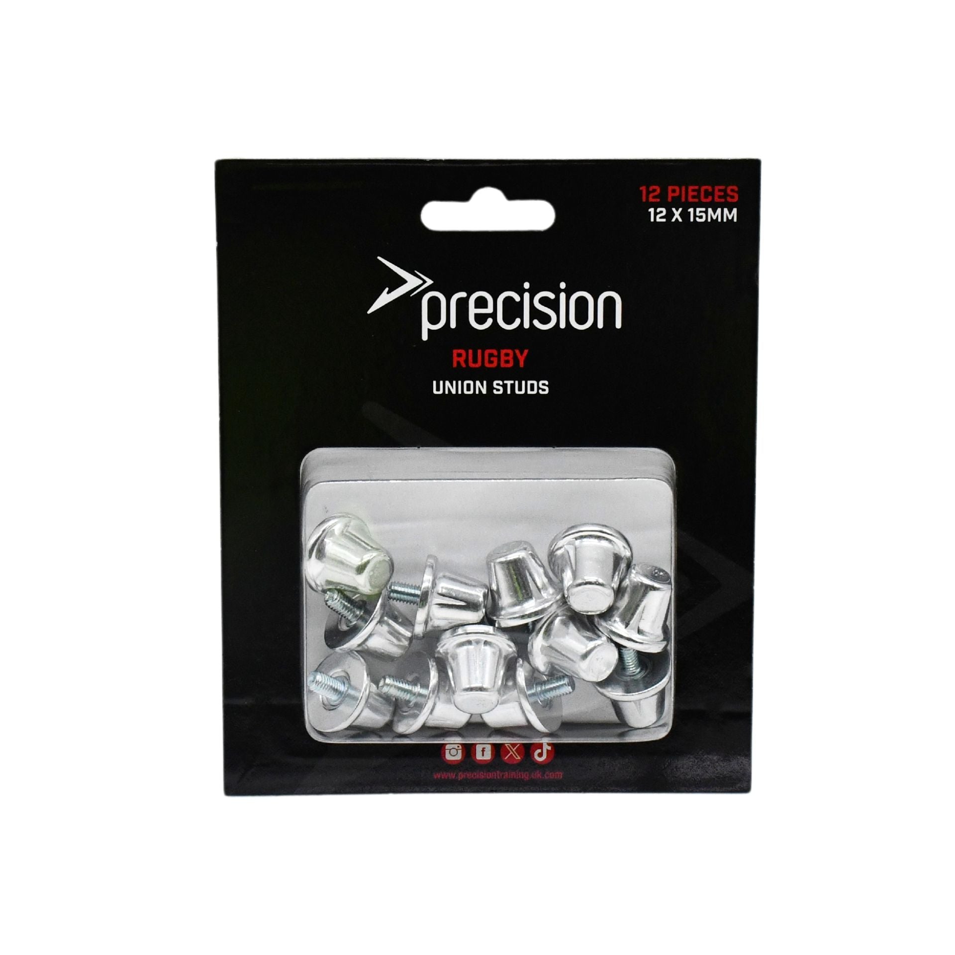Precision 12-Pack Rugby Union Studs, 15mm alloy cleats for rugby boots, in a set of metal studs for secure grip and durability.