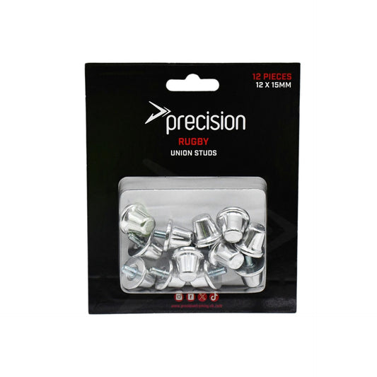 Precision 12-pack rugby union studs with 15mm alloy cleats for secure grip and durability in sporting goods.