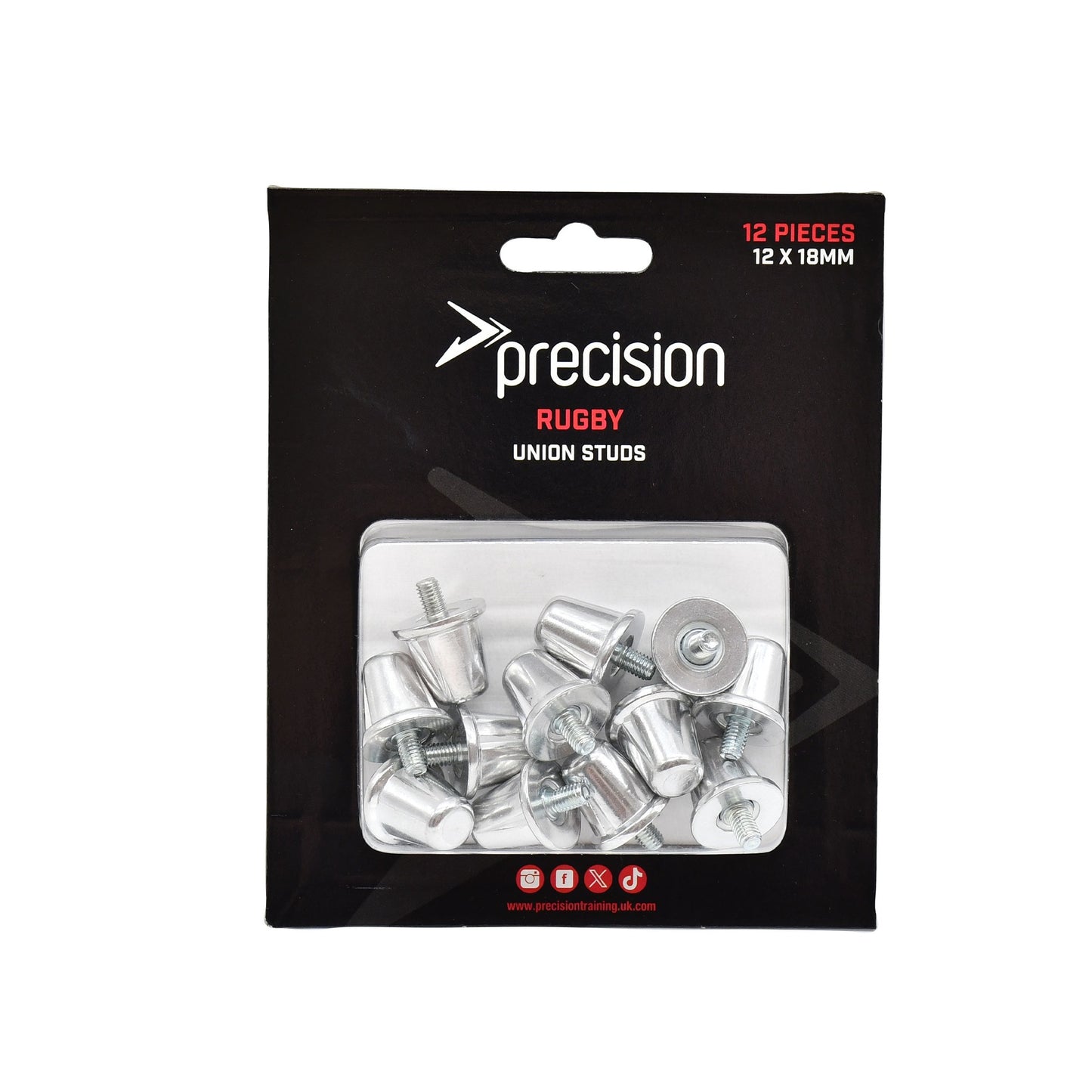 Precision Set of 12 rugby union studs, 18mm length, for sporting goods, shown in black with metal tips.