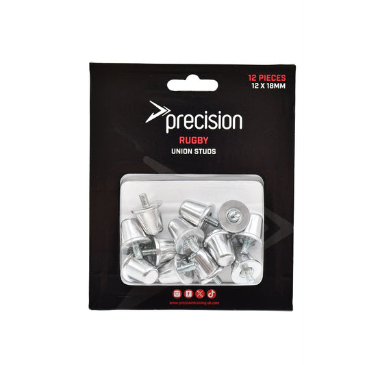 Precision Set Rugby Union Studs 18mm, a set of 12 metal studs for rugby boots, shown in a close-up image.