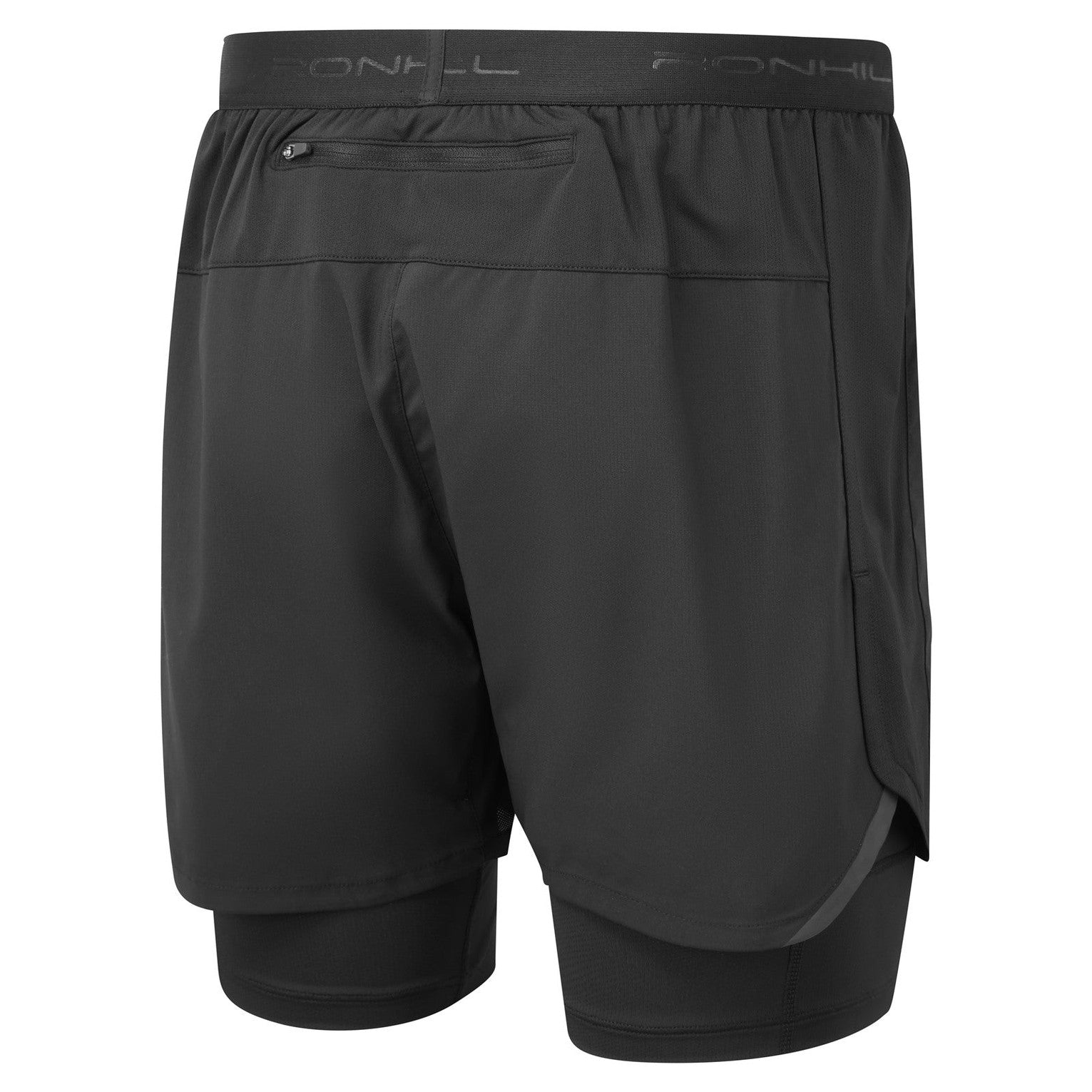 Ronhill men's Tech 5in twin running shorts in black with lightweight fabric and reflective details, designed for athletic performance.